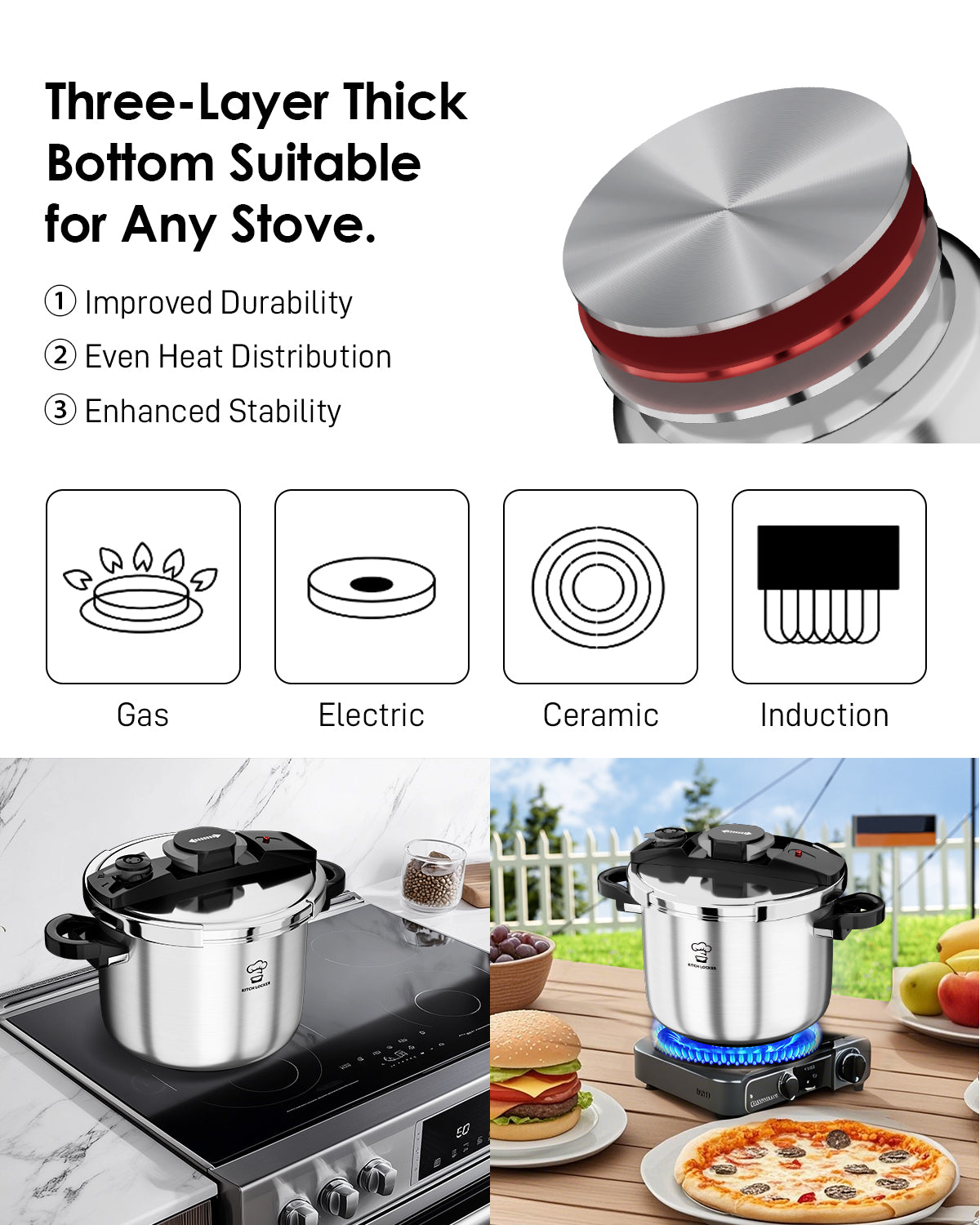 KitchLocker Pressure Cooker Stainless Steel 6.3 Quart,Olla De Presion For 2-3 People[Glass Lid & Steamer Rack Included][Press To Open][Compatible With Induction And Gas Stovetops]