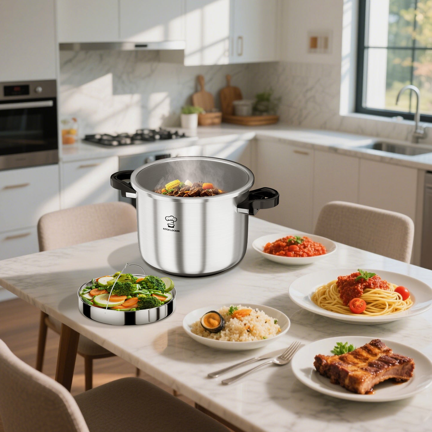 KitchLocker Pressure Cooker Stainless Steel 6.3 Quart,Olla De Presion For 2-3 People[Glass Lid & Steamer Rack Included][Press To Open][Compatible With Induction And Gas Stovetops]
