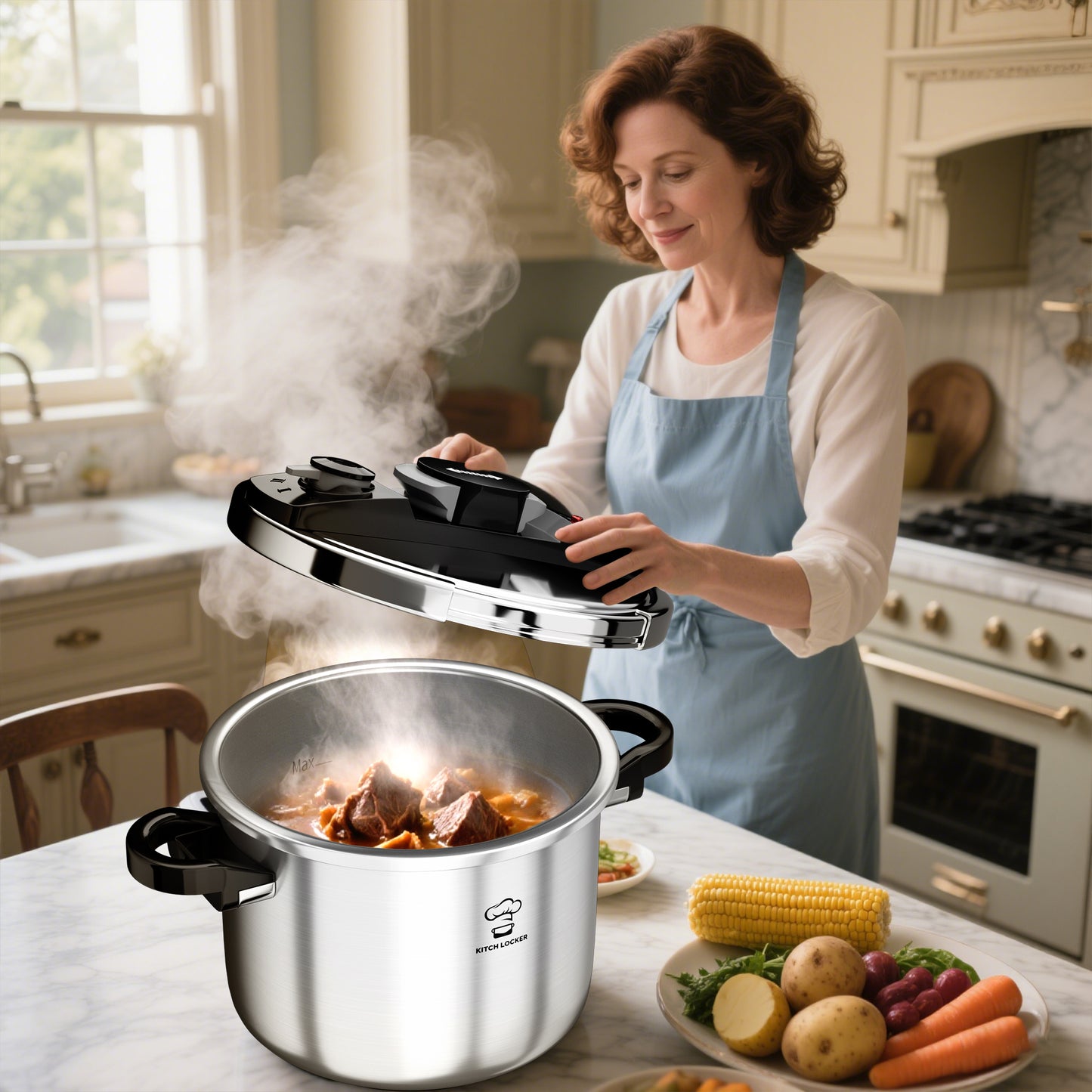 KitchLocker Pressure Cooker Stainless Steel 6.3 Quart,Olla De Presion For 2-3 People[Glass Lid & Steamer Rack Included][Press To Open][Compatible With Induction And Gas Stovetops]