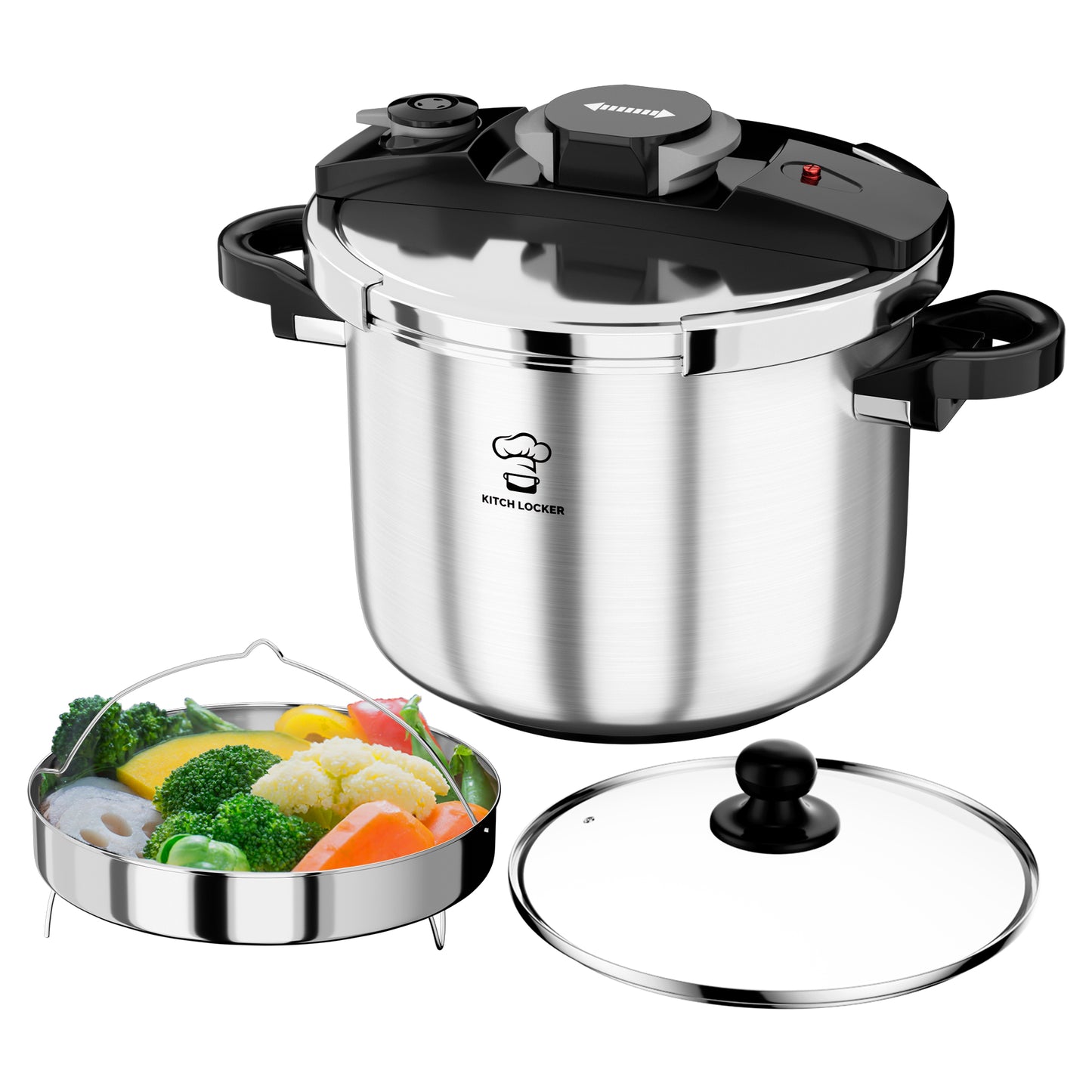 KitchLocker Pressure Cooker Stainless Steel 6.3 Quart,Olla De Presion For 2-3 People[Glass Lid & Steamer Rack Included][Press To Open][Compatible With Induction And Gas Stovetops]
