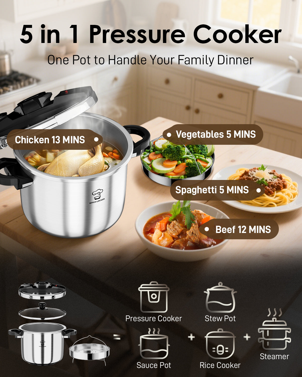 KitchLocker Pressure Cooker Stainless Steel 6.3 Quart,Olla De Presion For 2-3 People[Glass Lid & Steamer Rack Included][Press To Open][Compatible With Induction And Gas Stovetops]